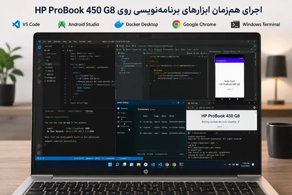 اجرای همزمان Visual Studio Code، Android Studio، Docker Desktop، Google Chrome و Windows Terminal روی لپ تاپ HP ProBook 450 G8 برای برنامهنویسی