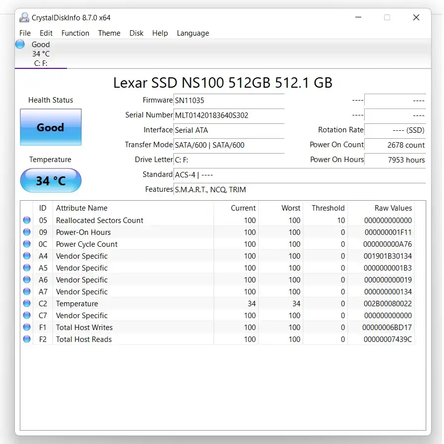 بررسی و تست سلامت SSD با برنامه crystalduskinfo