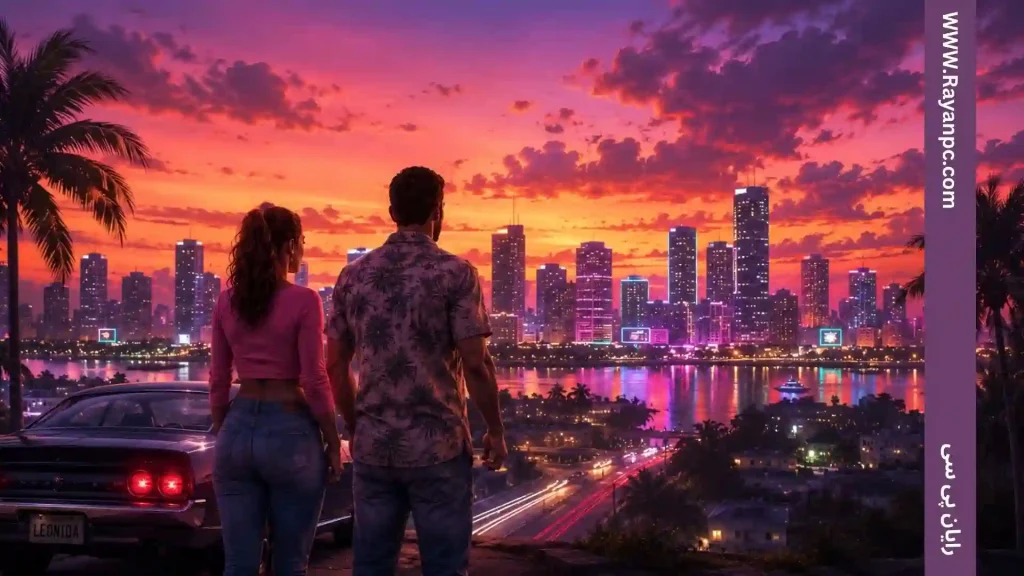 نمای سینمایی شهر Vice City در بازی GTA 6 با حضور دو شخصیت اصلی لوسیا و جیسون