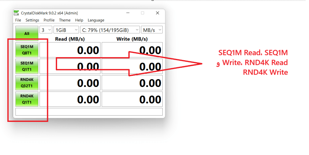 عبارت‌هایی مانند SEQ1M Read، SEQ1M Write، RND4K Read و RND4K Write در نرم افزار تست سرعت Hard SSD